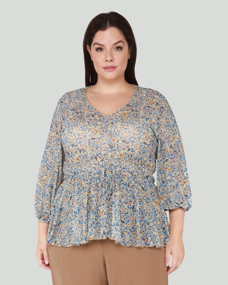 Front of a model wearing a plus size Celina Mesh Flared Top in Blue Orange Paisley by DEX PLUS. | dia_product_style_image_id:268395